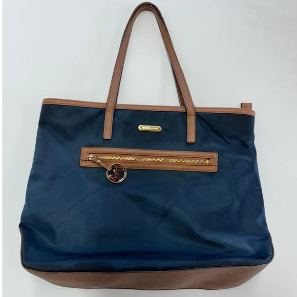 Michael Kors Purse Womens Kempton Blue Tan Nylon Tote Shoulder Bag Large - Picture 1 of 10